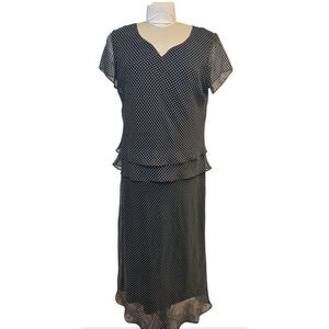 Vintage Midi Dress by JBS Black Polka Dot Sheer Overlay Sz. 16 Peplum V-Neck